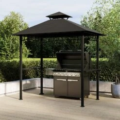 Fortrose 1.5x2.4m Black Metal BBQ Shelter Gazebo With Grey Canopy Roof