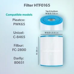HTF0165 65sq Ft Hot Tub Filter - Hot Spring -Outdoor Living Hot Tubs Model compatibility dims HTF0165