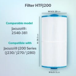 Jacuzzi® J230/J270/J280™ 2008-2012 95sq Ft Hot Tub Filter - 2540-381 12 Jacuzzi® J230/J270/J280™ 2008-2012 95sq Ft Hot Tub Filter - 2540-381 -Outdoor Living Hot Tubs Model compatibility dims HTFJ200